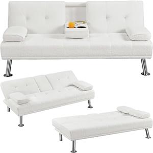 Yaheetech Divano Letto con 2 Braccioli Staccabili Divano Trasformabile Mobile Imbottito a 3 Posti Divanetto Reclinabile da Salotto con Supporto Centrale Porta Bicchieri Avorio/Tessuto