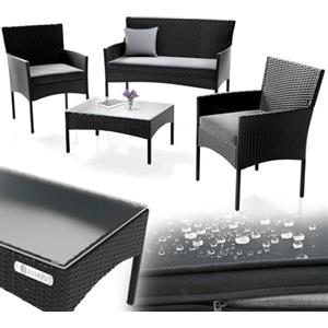 Juskys Salottino in polyrattan Fort Myers 4 Persone con divano a 2 posti, 2 sedie, tavolo e cuscini per seduta resistente alle intemperie nero/grigio Mobili da balcone Set di mobili da giardino