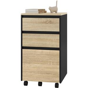WOLTU Cassettiera da Ufficio, Cassettiera Portadocumenti a 3 Cassetti, Mobiletto Portaoggetti con Ruote per Studio, Camera da Letto,in Legno, Rovere Chiaro e Nero, 40x40x70cm, ASK01hei