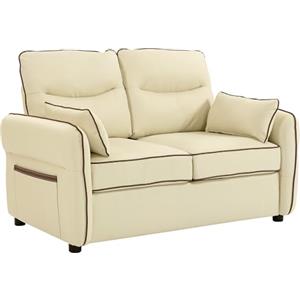 HOMCOM Divano 2 Posti Imbottito in Pelle Finta con Bordo a Contrasto, Divanetto da Salotto con Imbottitura Spessa, 2 Cuscini Rimovibile e Lavabile, Braccioli e Tasche Laterali, 136x81x90 cm, Beige