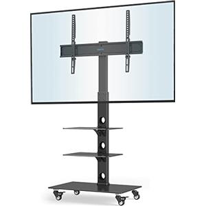 BONTEC Supporto TV da Pavimento per TV da 30-70 Pollici con Ruote, Altezza Regolabile, VESA fino a 600x400mm, Ripiani in Vetro Temperato, di 3 ripiani, Fino a 25 kg