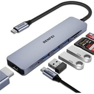 BENFEI Hub USB C 7in1, Adattatore multiporta USB-C HUB con HDMI(4K@60Hz Certificato)/100W Power Delivery/3*USB 3.0/Lettore Schede SD/TF (160MB/s) per iPhone 15 Pro/Max MacBook iPad Pro iMac S23 XPS17
