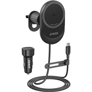 Anker MagGo Caricabatteria da Auto Magsafe 15W Caricatore da Auto senza Fili, Caricabatterie Veloce Posizione Regolabile a 360° e Magneti Potenti, per iPhone serie 16/15 (cavo e adattatore inclusi)