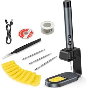 XIAZIR Saldatore a stagno a batteria con display LCD, riscaldamento rapido 7s, temperatura 200-450 °C, ricarica USB-C, standby automatico, 3 punte C210 e kit per fai-da-te e riparazioni elettroniche