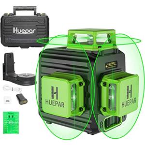 Huepar B03CG 3x 360° Livella Laser 12 Linee Verde 45m con Modalità Impulso, con Batteria al Litio Ricaricabile USB, 3D Linea a Croce Orizzontale/Verticale, Base magnetico