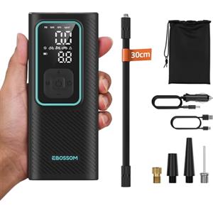 EBOSSOM Compressore Aria Portatile, Mini Compressore Portatile 150PSI, Gonfiatore Elettrico a Batteria 6000mAh e 12V DC, Accessori per Auto, Moto, Bici, Pompa Elettrica con Luce LED e Arresto Automatico