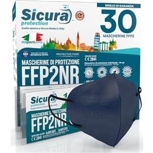 SICURA MASCHERINE CHIRURGICHE 30 Mascherine FFP2 Certificate CE BLU con Elastici Neri SICURA logo impresso BFE ≥99% Made in Italy Mascherina ffp2 SANIFICATA e sigillata singolarmente