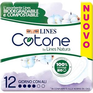 Lines Cotone by Lines Natura con Ali, 12 assorbenti in cotone per il giorno, Biodegradabile e Compostabile. Filtrante 100% cotone Bio delicato sulla pelle.