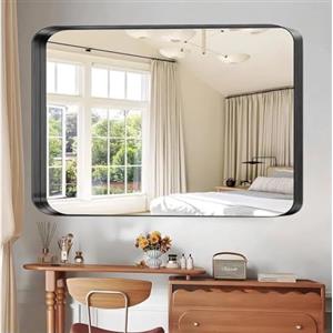 Clevich Specchio da parete con cornice profonda, 90x60 cm, Specchio da bagno rettangolare di fascia alta, con cornice in alluminio spazzolato, Vetro temperato, Per bagno, corridoio, soggiorno