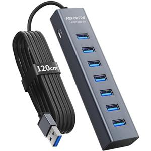 ABFCRTTW 7 Porte Hub USB 3.0 con 120cm Cavo per Desktop, Alluminio Hub USB Multipresa USB Sdoppiatore con USB 3.0 5Gbps, 5V 3A USB-C Alimentato per PC, Laptop, MacBook, U-Disk, Mouse, Tastiera, ecc.
