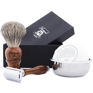 Haryali London 4 Pieces in Legno Set da Barba da UOMO il Set Inclusi Nero Tasso Spazzola Capelli, De Rasoio di Sicurezza, Acciaio Inox Ciotola & Sapone