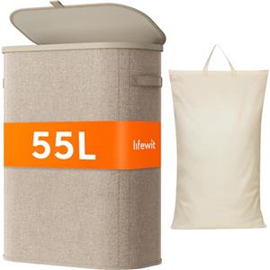 Lifewit Cesto Portabiancheria, Cesta Panni Sporchi con coperchio, Laundry Basket con Plastica Manici, Porta Biancheria Sporca per Bagno, Lavanderia, Camera da Letto, 55 L, Beige