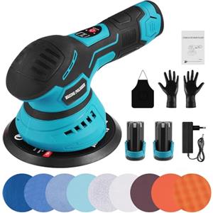 Teodute 150mm Levigatrice Orbitale, 8 Velocità Regolabili, 2500-5500 g/min Levigatrice Rotorbitale, Levigatrice per Ceratura Lucidatura Rimozione Vernice e Ruggine (con 2 X 2,0 Ah Batterie)