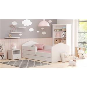 Dmora Letto Singolo per Bambini, Lettino con cassettone e Protezione anticaduta e testiera a Nuvola, cm 144x78h58, Colore Bianco, Melammina, Small