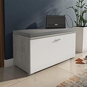 Dmora Scarpiera moderna con 1 anta a ribalta e 4 vani, Portascarpe da ingresso salvaspazio, Panca con cuscino, Made in Italy cm 85x40xh42, colore Bianco