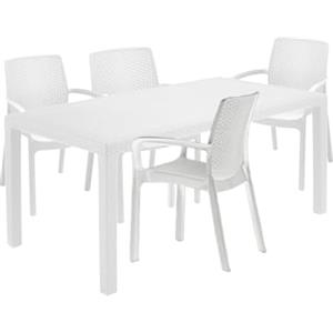 Dmora - Set Salotto da Esterno Roccaraso, Salottino Outdoor e Indoor, Tavolo Rettangolare Fisso con 4 sedie impilabili, Made in Italy, Bianco