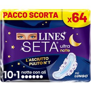 LINES SETA ULTRA NOTTE con ali, Pacco scorta da 64 assorbenti per ciclo mestruale,protezione per la notte, zero odori, Ipoallergenico, cuore lines super assorbente, filtrante seta con fori a imbuto