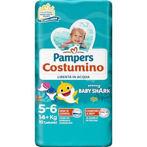 Pampers Costumino, Taglia 5 (15+ kg), Doppia Barriera Laterale Anti-Fuoriuscita, Rimozione Facile, Fascia Elastica Avvolgente, Mare e Piscina, Cambio Veloce, Estate, Baby Shark, 10 Pannolini