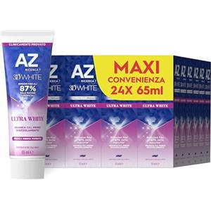 AZ Ricerca DENTIFRICIO 3D White Ultra White, Dentifricio Sbiancante, RIMUOVE le MACCHIE Superficiali, Confezione da 24 Dentifrici (24x65ml), Gusto MENTA FRESCA