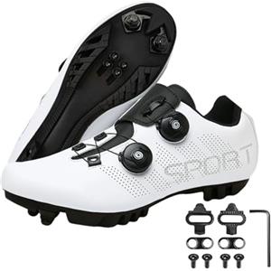 Surwin Scarpe Ciclismo MTB Uomo Donna, Scarpe Mountain Bike Unisex Traspirante Antiscivolo con 2 Bulloni e Tacchetti, Sneakers con Design Fibbia Girevole, 36EU-47EU (Bianco A,41)