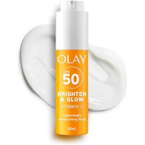 Olay Vitamin C Brighten & Glow 3in1 Fluido Idratante SPF50+. Crema Idratante e Primer con Niacinamide. Fornisce Idratazione, Luminosità, Protezione UV e Aiuta a Correggere le Macchie Scure 50ml