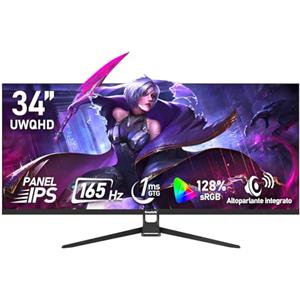 Gawfolk Monitor per computer 34 pollici IPS ultra-wide 165Hz, UWQHD (3440×1440), schermo PC, 128% sRGB, Adaptive Sync, Altoparlante integrato, HDMI 2.0, DisplayPort 1.4, VESA 75×75MM - Nero