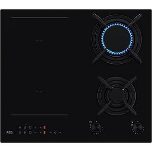 AEG Serie 8000 Piano Cottura Misto Gas & Induzione 4 Fuochi da Incasso HF704163NB, 60 cm Funzione Bridge, Fiamma StepPower, 590x520 mm, Griglia in Ghisa, Nero