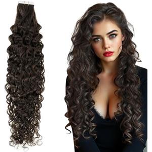 RUNATURE Extension Capelli Veri Ricci Biadesivo Castano Scuro 45cm 50g 20pcs Extension #2-NW