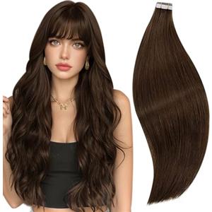 RUNATURE Estensioni di capelli umani lisci, nastro adesivo, marrone cioccolato, 40 cm, 50 g