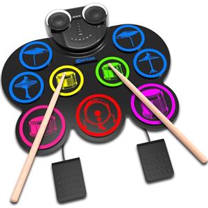 CNAPXAIA Batteria Elettronica Portatile - 9 Pad Batteria Allenamento con Bluetooth Altoparlante e Input MIDI, Ideale Regalo Musicale per Principianti Bambini e Adulti