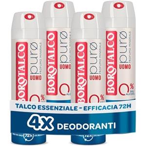 Borotalco, Deodorante Uomo Spray Puro, con Talco Essenziale, Formula Senza Alcool e Sali di Alluminio, Asciutto Anti-Odori, 72h di Efficacia, Profumo Minerale - 4 Flaconi da 150 ml