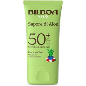 Bilboa Sapore di Aloe Crema Viso Solare SPF 50+, con Aloe Vera, Musica per le Pelli Sensibili, Resistente all'Acqua, Dermatologicamente Testato - 40 ml