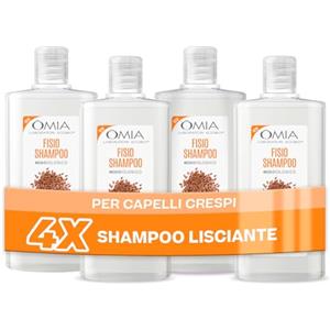 Omia Laboratori Ecobio Omia, Fisio Shampoo Eco Bio con Olio di Semi di Lino, Per Capelli Crespi, Lisciante e Disciplinante, Adatto ad un Uso Frequente, Senza Siliconi, Dermatologicamente Testato - 4 Flaconi da 200 ml
