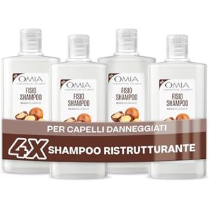 Omia Laboratori Ecobio Omia, Fisio Shampoo Eco Bio con Olio di Macadamia per Capelli Danneggiati, Riparatore e Ristrutturante, Shampoo per Lavaggi Frequenti, Senza Siliconi e SLES, 4 Flaconi da 200 ml