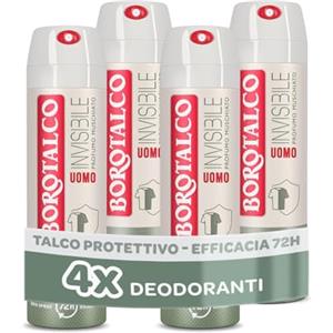 Borotalco, Deodorante Uomo Spray Invisibile, con Talco Protettivo, Anti-Macchie, Senza Alcool, Profumo Muschiato, 72h efficacia - 4 Pezzi da 150 ml - Esclusiva Amazon