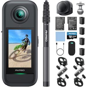 AKASO Action Cam 360° in 5.7K - Moto Pack con Scheda 256GB, Foto 72MP, Doppio Sensore da 1/2" 48MP, 360° Horizon Lock, Touchscreen 2.29", AI Tracking, Stabilizzazione SuperSmooth