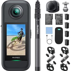 AKASO Action Cam 360° in 5.7K - Moto Pack con Scheda 128GB, Foto 72MP, Doppio Sensore da 1/2" 48MP, 360° Horizon Lock, Touchscreen 2.29", AI Tracking, Stabilizzazione SuperSmooth