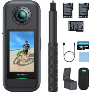 AKASO 360° Action Cam Creator-Set 5.7K con Scheda 256GB, Foto 72MP, Doppio Sensore 1/2" 48MP, Horizon Lock, Touchscreen 2.29", AI Tracking, Effetto Selfie Stick Invisibile, Stabilizzazione SuperSmooth