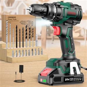 CEEIGOO Trapano Avvitatore Batteria Brushless 21V, Avvitatore a Batteria con Batterie da 2.0Ah, 42 N.m Avvitatore Elettrico, 2 Velocità, 18+1 Coppia, 22 Accessori, LED Luce per Casa Progetto