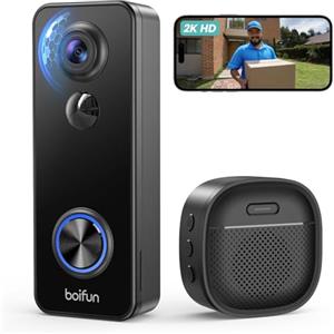 BOIFUN 2K Videocitofono Wifi Senza Fili da Esterno Campanello con Suoneria, 180°Vista Panoramica, Rilevamento Umano Intelligente AI, Audio Bidirezionale, IP65, Alexa Compatibile, 2.4GHz