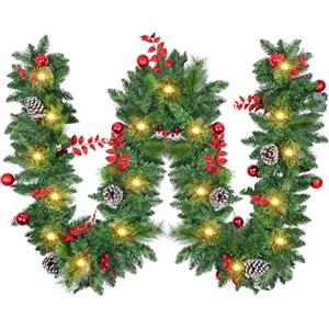 Timiyou Ghirlanda Natalizia con Luci LED 270cm, 30 LED a Batteria, Ghirlanda Natalizia per Porta, Decorazioni Natale Artificiali con Bacche Rosse, per Camino/Scale/Pareti