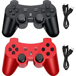 Hovlian Controller wireless per PS3, joystick da gioco a doppia vibrazione integrato, compatibile con Playstation 3, con cavo di ricarica (nero + rosso)