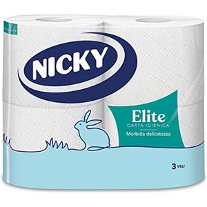 Nicky Elite - 4 Rotoli di Carta Igienica, 170 Soffici Fogli a 3 Veli, Morbida e Resistente a Contatto con la Pelle, Dermatologicamente Testata, Carta 100% Certificata FSC®