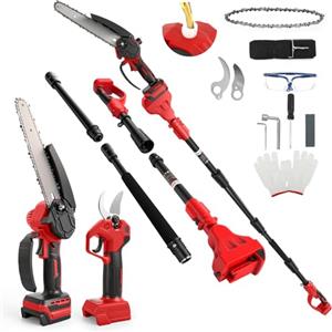 HEBERUCK Mini motosega da 8 pollici con asta telescopica e cesoie elettriche da 28 mm, set di attrezzi da giardino 4 in 1, compatibile con batteria Milwaukee da 18 V, portata massima fino a 4 m (senza batteria