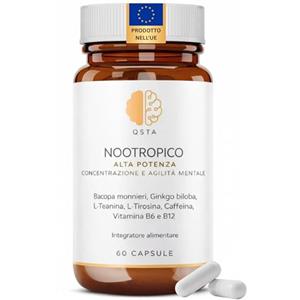 QSTA Nootropico - Integratore Memoria e Concentrazione con Bacopa Monnieri, Ginkgo Biloba, Tirosina, Teanina, Caffeina, Vitamine B6 e B12 - Integratore Studio Memoria e Focus Naturale - 60 Capsule