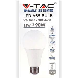 V-TAC Lampadina LED E27 15W A65 Bianco Caldo 2700K 200 Gradi