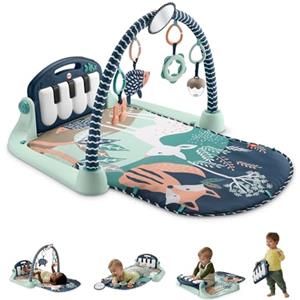 Fisher-Price - Palestrina Baby Piano Blu, tappetino pianoforte con 5 giocattoli sensoriali posizionabili sull'arco per il gioco da sdraiati e specchietto incluso, 0+ mesi, JMN75