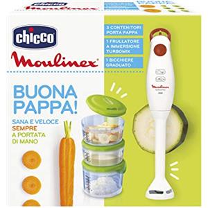 Chicco Frullatore con Vasetti, 1 Frullatore a Immersione, 3 Contenitori Porta Pappa Ermetici e Graduati con Differenti Capacità, Per Conservare Cibo in Frigo e Freezer, Bianco