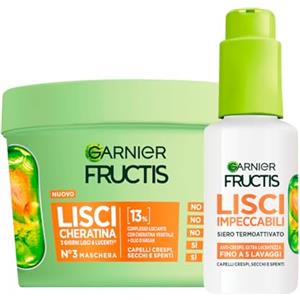 Garnier Fructis Lisci Cheratina Set Siero Termoprotettore Lisci Impeccabili 50ml Anticrespo Protegge Fino a 230°C + Maschera 370ml Trattamento Lisciante per Capelli Secchi - Set da 2