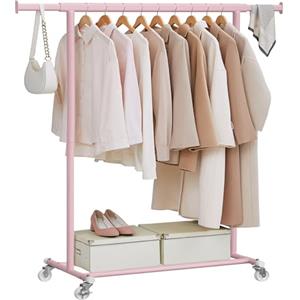 SONGMICS Stand Appendiabiti con Ruote, Attaccapanni Estensibile per Carichi Pesanti, Portata Totale 100 kg, 45 x (92-132) x 161,5 cm, Facile da Montare e Spostare, Rosa Pastello HSR013R01